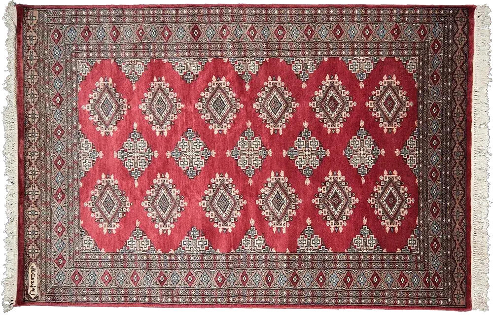 A beautifully balanced single-knotted Yamoud carpet from Pakistan featuring traditional tribal diamond motifs across a rich rose pink field. The intricate geometric borders and repeating medallions reflect classic Turkoman-inspired craftsmanship. Handwoven from wool, this carpet offers warmth, durability, and a distinctive decorative presence, making it ideal for bedrooms, lounges, reading corners, or layered interiors seeking vibrant traditional charm. SKU A-2101 Design / Style Yamoud Weaving Region / Origin Peshawar Country of Origin Pakistan Material Wool Dimensions 6 x 4.1" FT (183 × 125 cm) Main Colors Rose Pink, Burgundy, Ivory, Slate Blue Status Available Location Taipei Gallery Main Collection The Nomad & Modern Heritage Collection